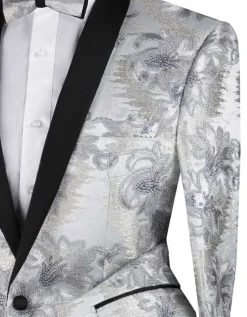 Silver Embroidery Slim Fit Jacket Shawl Lapel