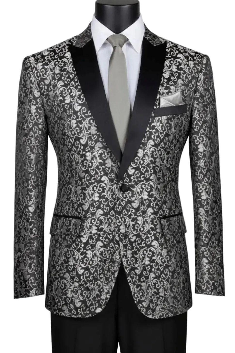 Silver Regular Fit Floral Pattern Jacket Peak Lapel
