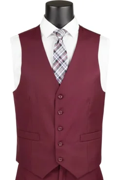 Slim Fit Business Men's Suit 3 Piece 2 Button in Burgundy