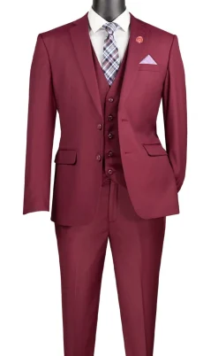 Slim Fit Business Men's Suit 3 Piece 2 Button in Burgundy