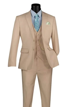 Slim Fit Business Men's Suit 3 Piece 2 Button in Stone