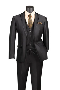 Slim Fit 3 Piece Satin Suit in Black