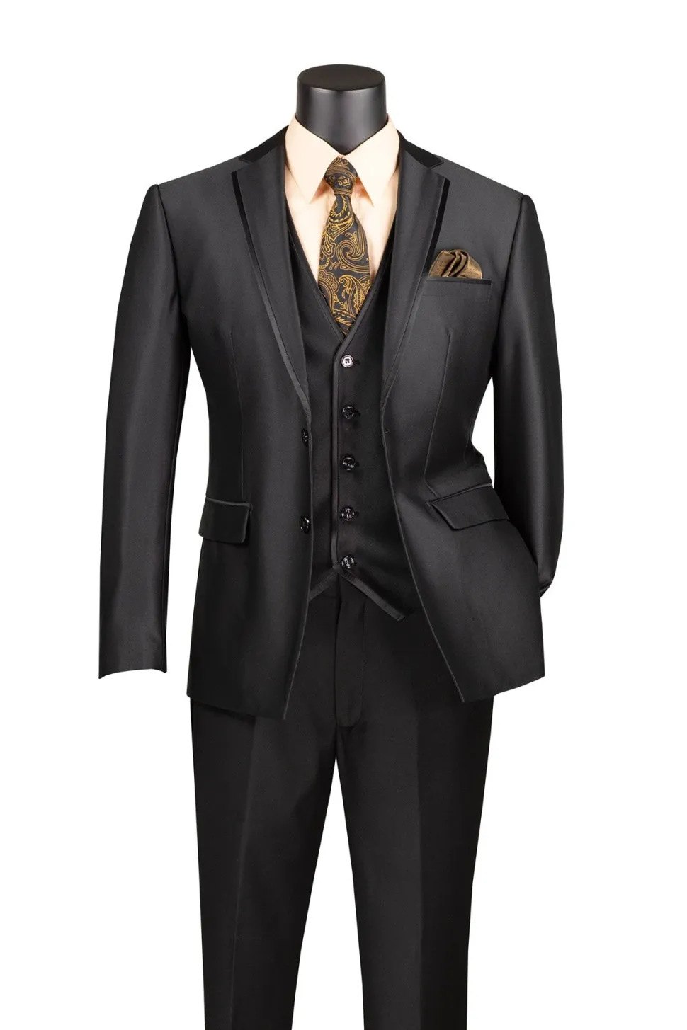 Slim Fit 3 Piece Satin Suit in Black