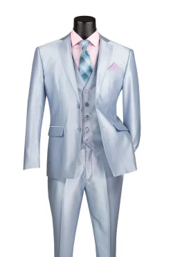 Slim Fit 3 Piece Satin Suit in Ice Blue