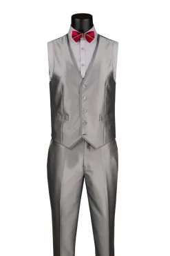 Slim Fit 3 Piece Satin Suit in Silver