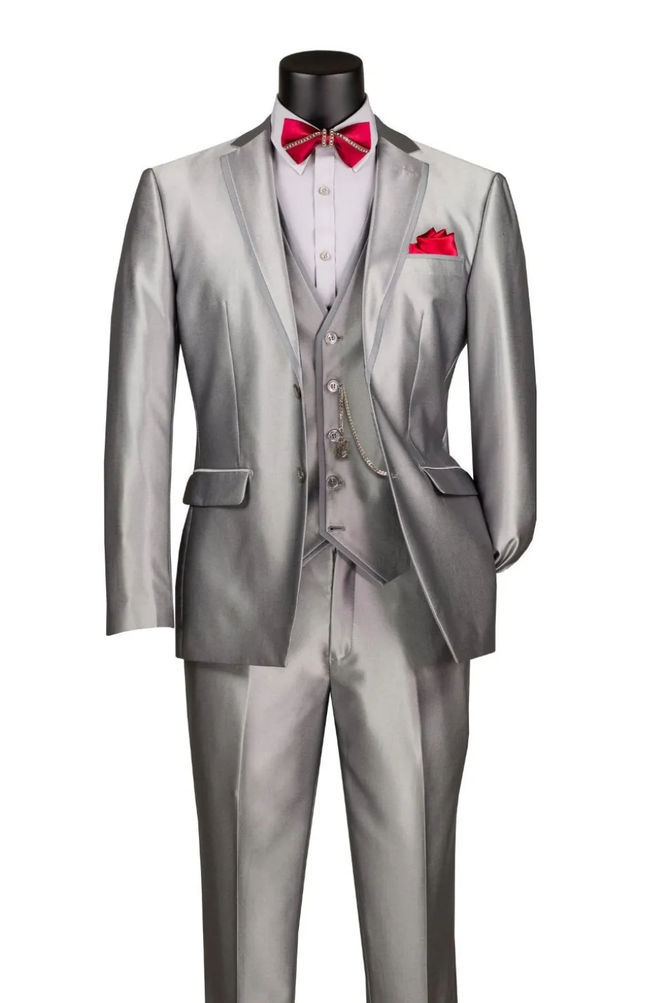 Slim Fit 3 Piece Satin Suit in Silver