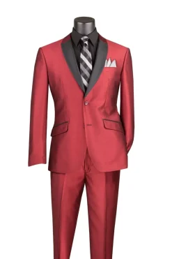 Slim Fit Shiny Sharkskin Men's 2 Piece Suit in Maroon