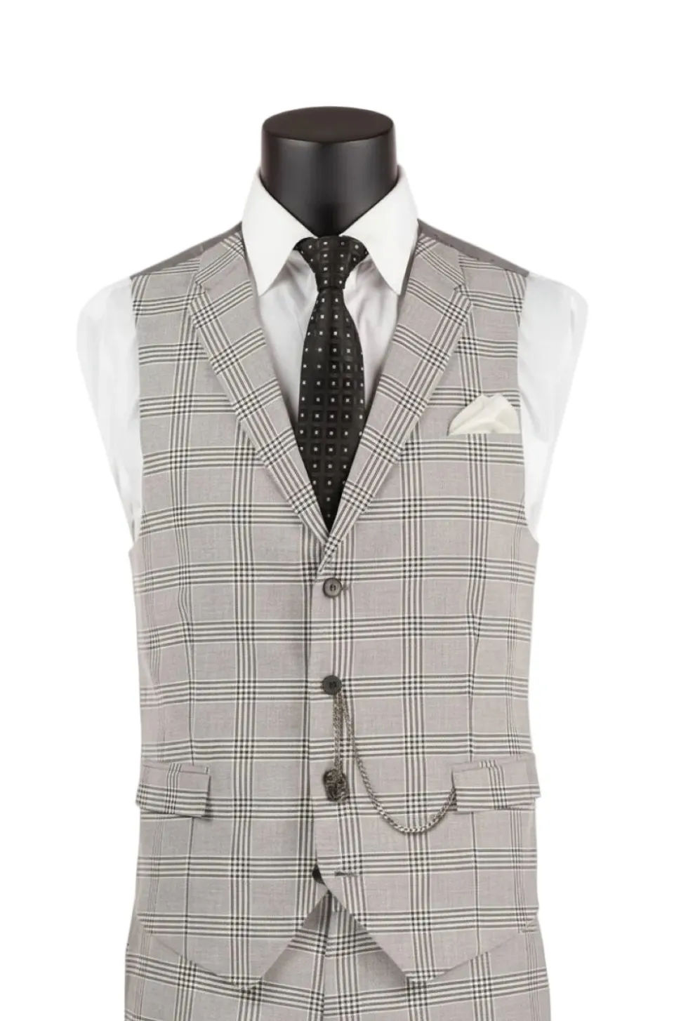 Slim Fit Suit Windowpane 3 Piece with Vest in Black/Gray