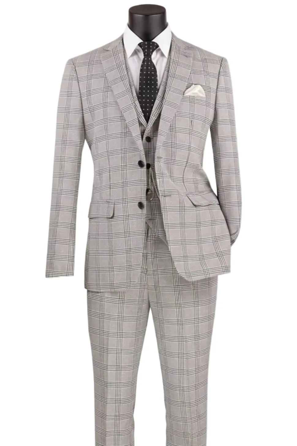Slim Fit Suit Windowpane 3 Piece with Vest in Black/Gray