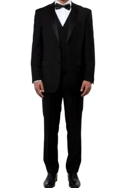 Solid Black Modern Fit Tuxedo 3 Piece with 6 Button Vest