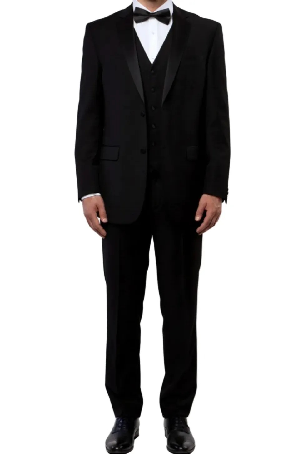 Solid Black Modern Fit Tuxedo 3 Piece with 6 Button Vest