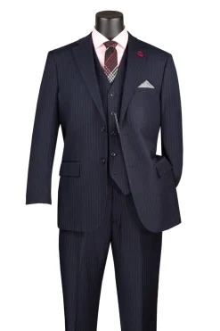 Sovana Collection - Regular Fit 3 Piece Suit 2 Button Tone on Tone Stripe in Navy
