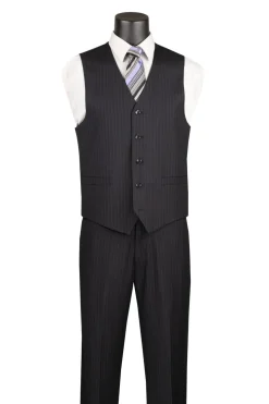 Sovana Collection - Regular Fit 3 Piece Suit 2 Button Tone on Tone Stripe in Black