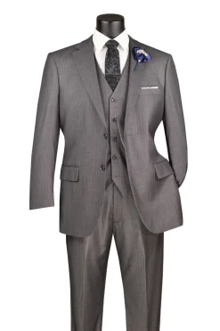 Sovana Collection - Regular Fit 3 Piece Suit 2 Button Tone on Tone Stripe in Gray