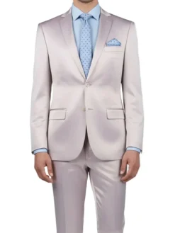 (40S, 40R, 42R) Ultra Slim Fit Shiny Sharkskin 2 Button 2 Piece Suit in Blush