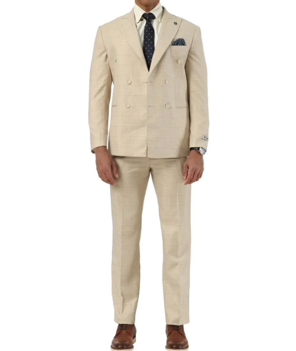 Stacy Adams - Beige 2 Piece Hybrid Fit Windowpane Double Breasted Suit