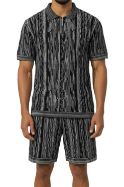 Stacy Adams - Black Wavy Striped Pattern Polo Short Set