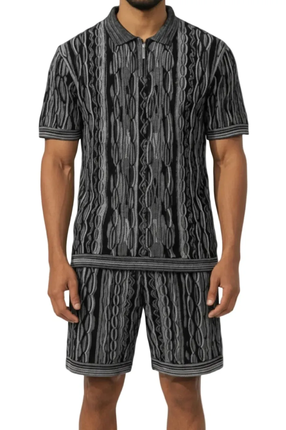 Stacy Adams - Black Wavy Striped Pattern Polo Short Set
