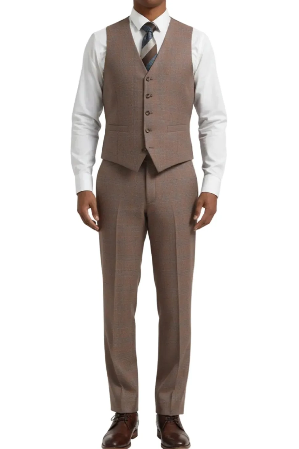 Stacy Adams - Brown Hybrid Fit Plaid 3 Piece Suit With Expandable Waist Band