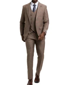 Stacy Adams - Brown 3 Piece 2 Button Plaid Peak Lapel Suit