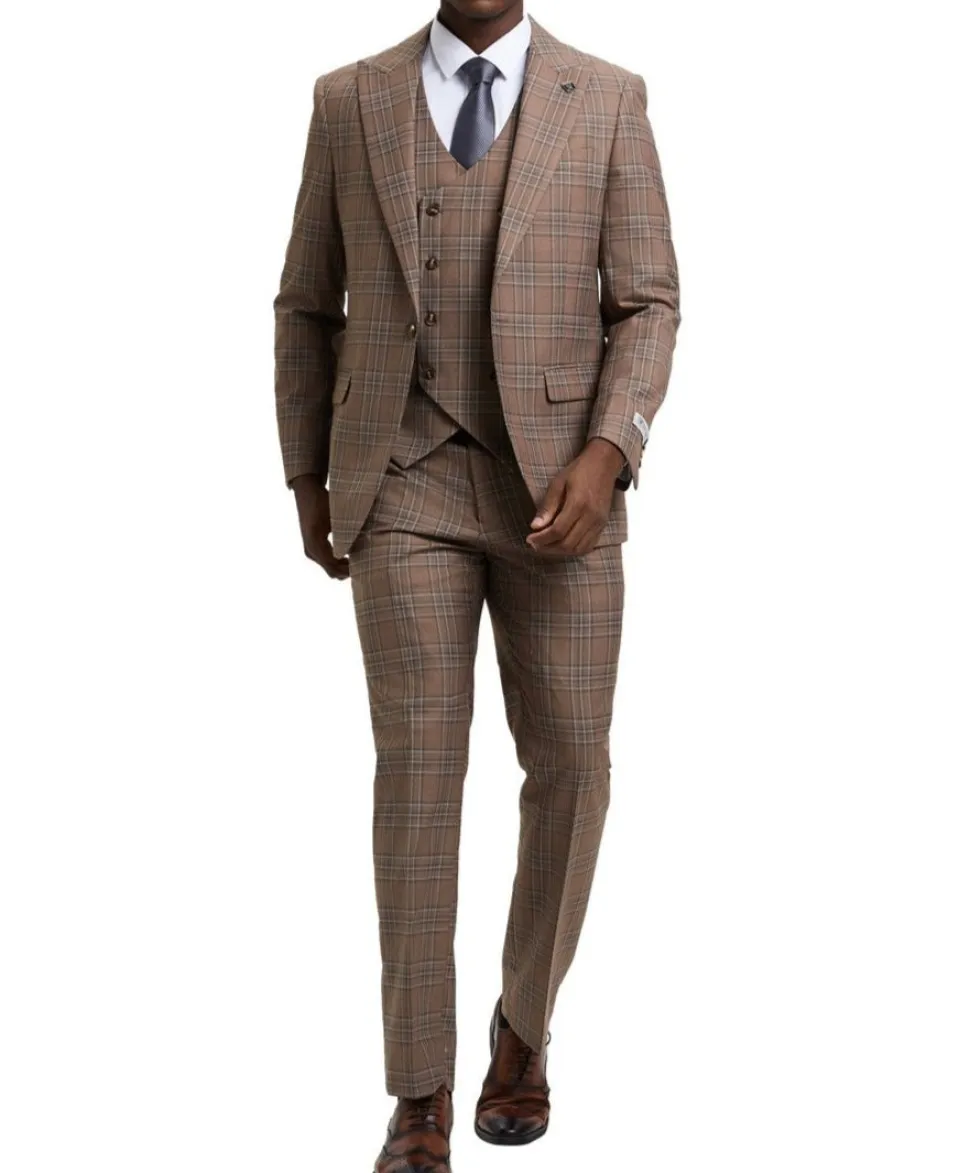 Stacy Adams - Brown 3 Piece 2 Button Plaid Peak Lapel Suit