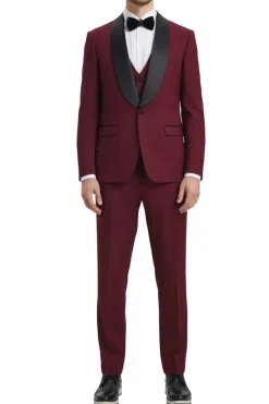 Stacy Adams - Burgundy 3 Piece Hybrid Fit Tuxedo Satin Shawl Lapel
