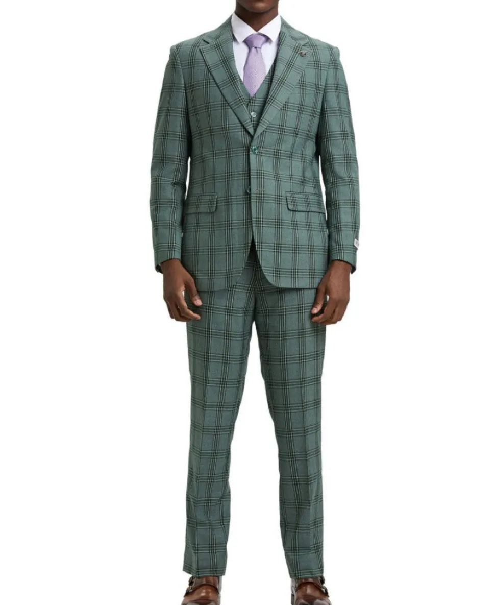 Stacy Adams - Hybrid Fit Plaid 3 Piece Green Suit