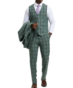 Stacy Adams - Hybrid Fit Plaid 3 Piece Green Suit