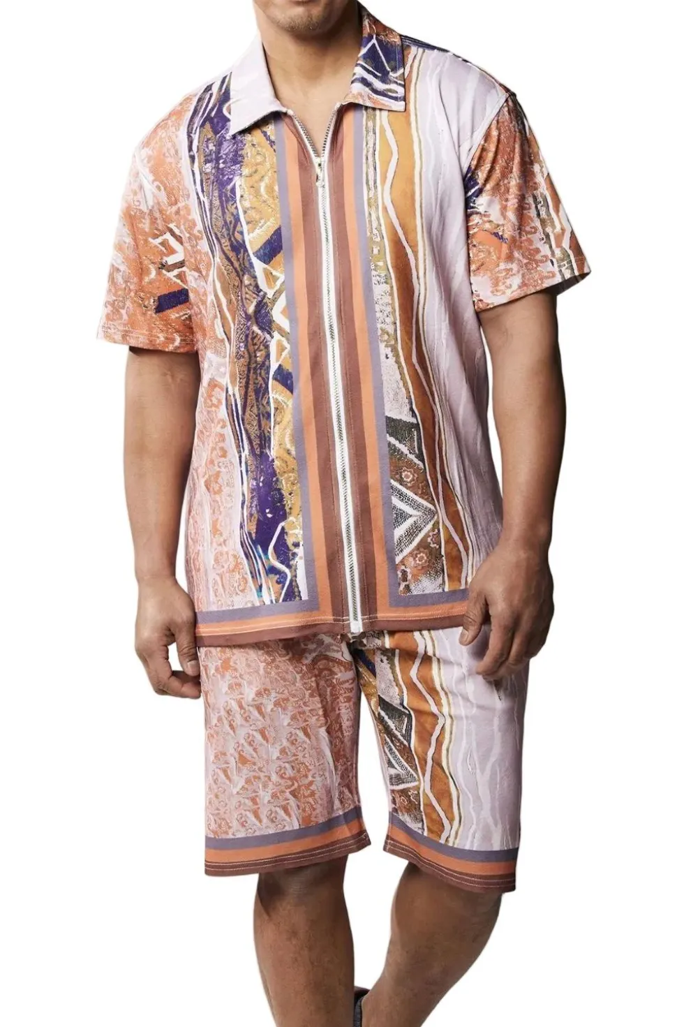 Stacy Adams - Men’s Brown Full Zip Walking Suit with Multi Color Shorts Set