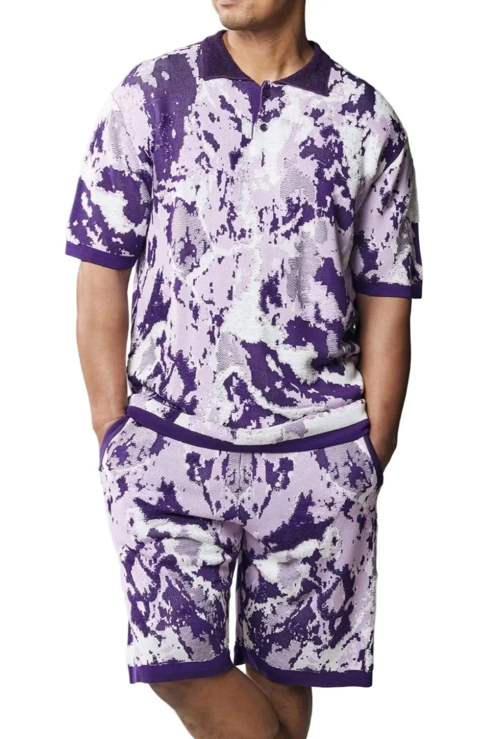 Stacy Adams - Men’s Purple Abstract Knit Walking Suit Short Set