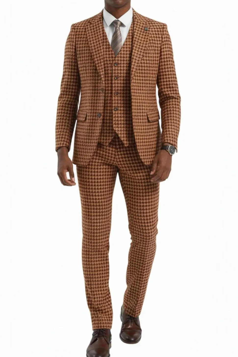 Stacy Adams - Orange Houndstooth 3 Piece Hybrid Fit Suit With Expandable Waist Band