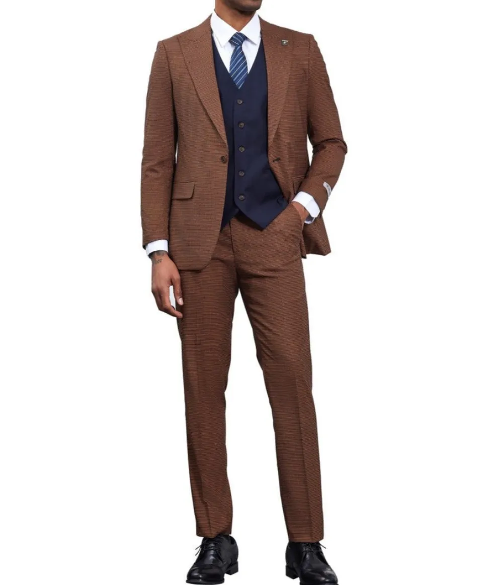 Stacy Adams - 3 Piece Suit Glen Plaid Hybrid Fit Peak Lapel in Brown