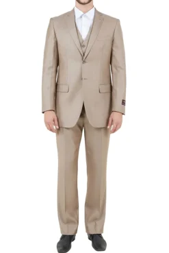 Stone Khaki 3 Piece Modern Fit Suit 2 Button V-Neck Vest