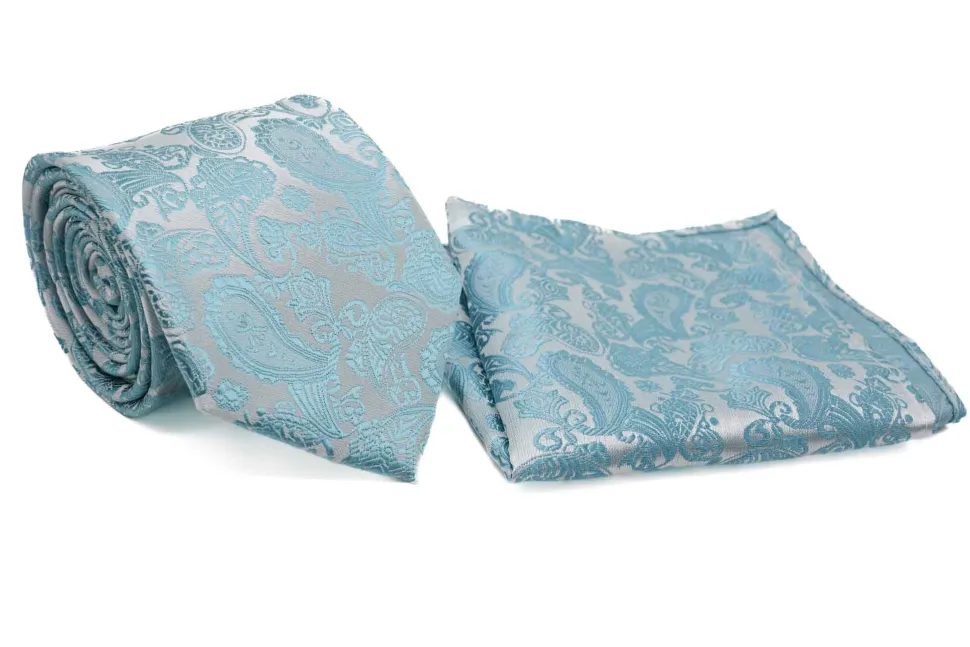 Teal White Paisley Pattern Men's Tie and Pocket Square Set
