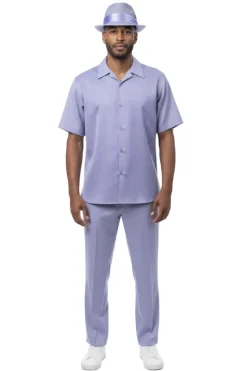 Textured Jacquard Short Sleeve Walking Suit - Lilac