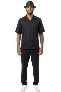 Tonal Jacquard Short Sleeve Walking Suit - Black