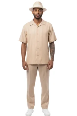 Tonal Jacquard Short Sleeve Walking Suit - Beige