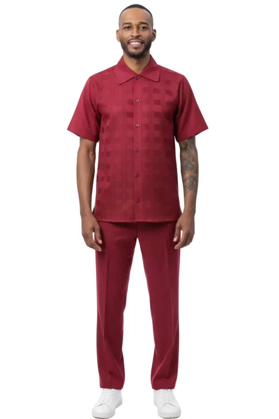 Tone-on-Tone Jacquard Short Sleeve Walking Suit - Burgundy