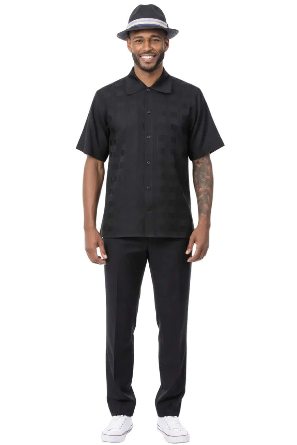 Tone-on-Tone Jacquard Short Sleeve Walking Suit - Black