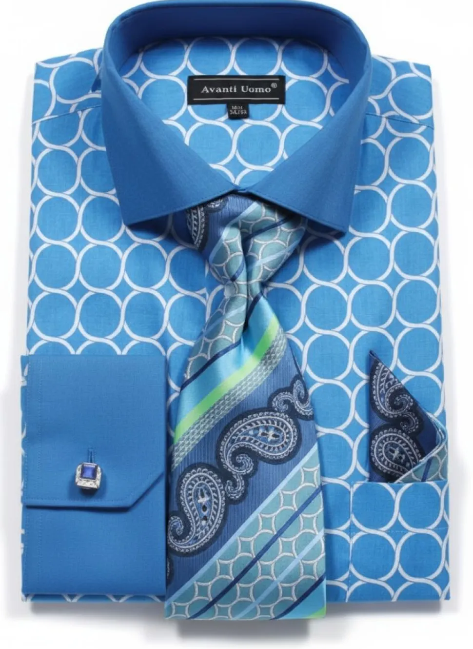 Turquoise Circle Print French Cuff Dress Shirt Set