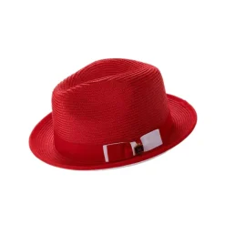 Two-Tone Ribbon Stingy Brim Pinch Braided Fedora - Red/White