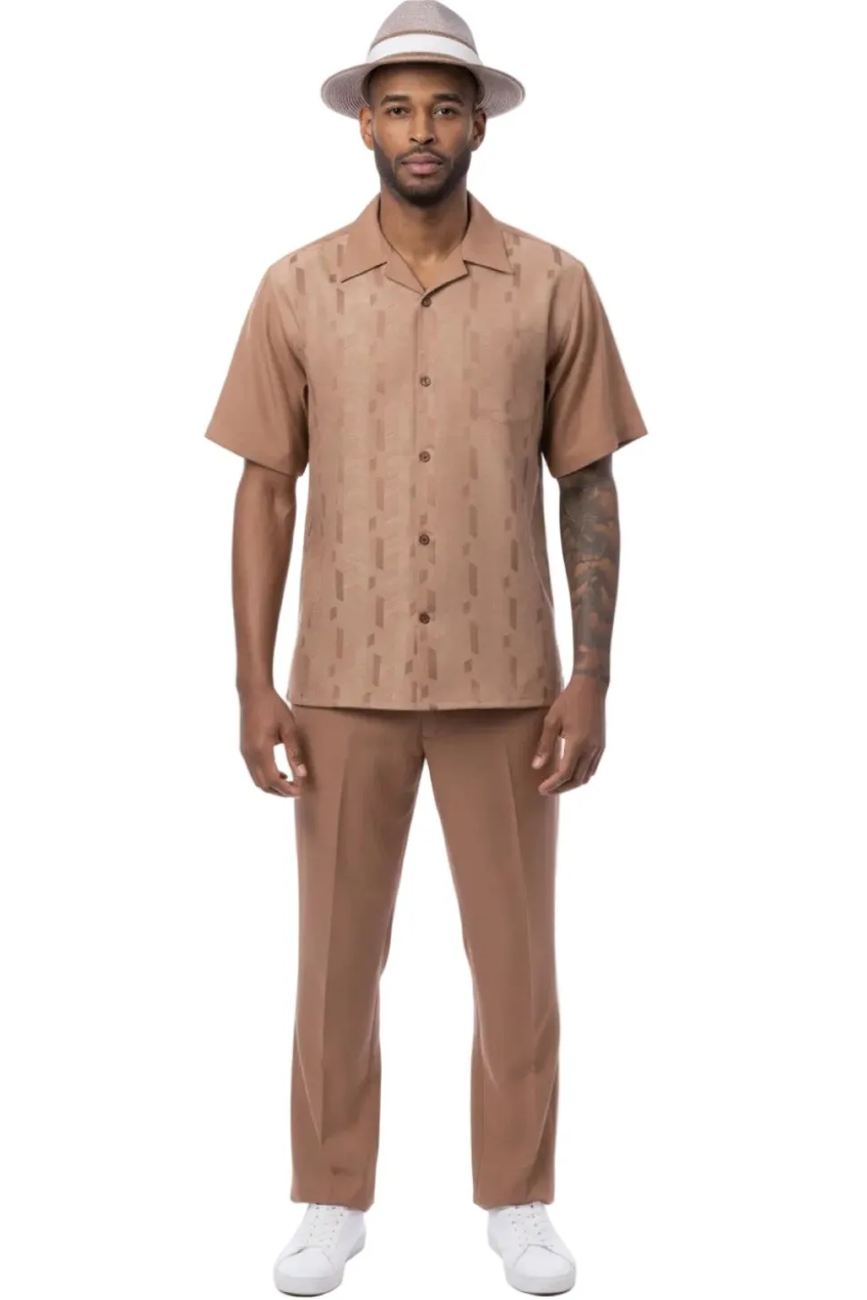 Vertical Stripe Jacquard Short Sleeve Walking Suit - Mocha