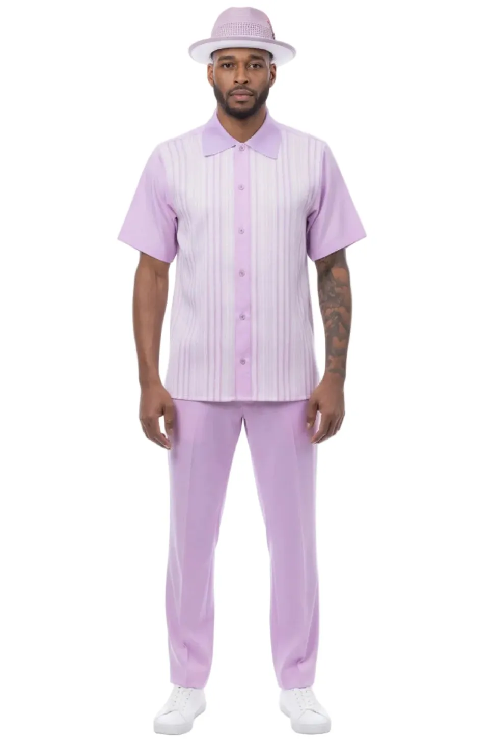 Vertical Stripe Panel Short Sleeve Walking Suit - Lavender