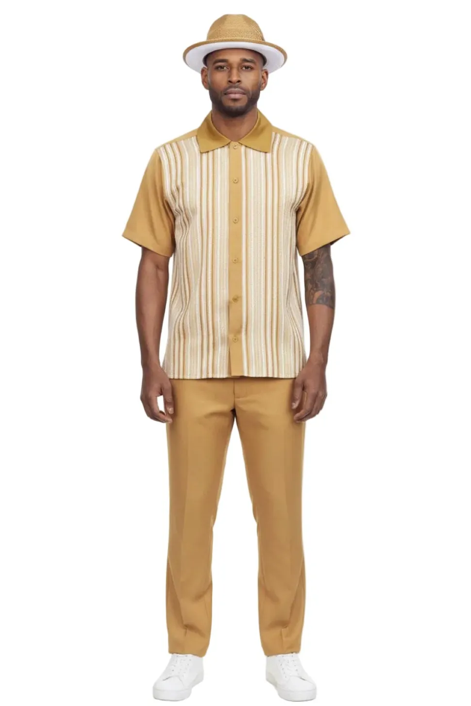 Vertical Stripe Panel Short Sleeve Walking Suit - Mustard