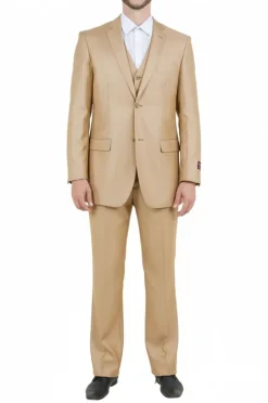 Wheat 3 Piece Modern Fit Suit 2 Button V-Neck Vest
