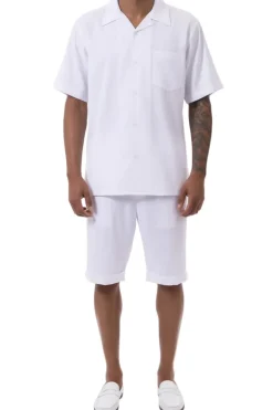 White 2 Piece Short Sleeve Walking Suit Set with Elastic Waistband Shorts