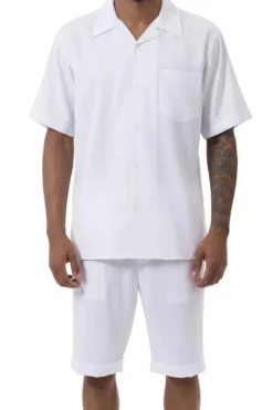 White 2 Piece Short Sleeve Walking Suit Set with Elastic Waistband Shorts