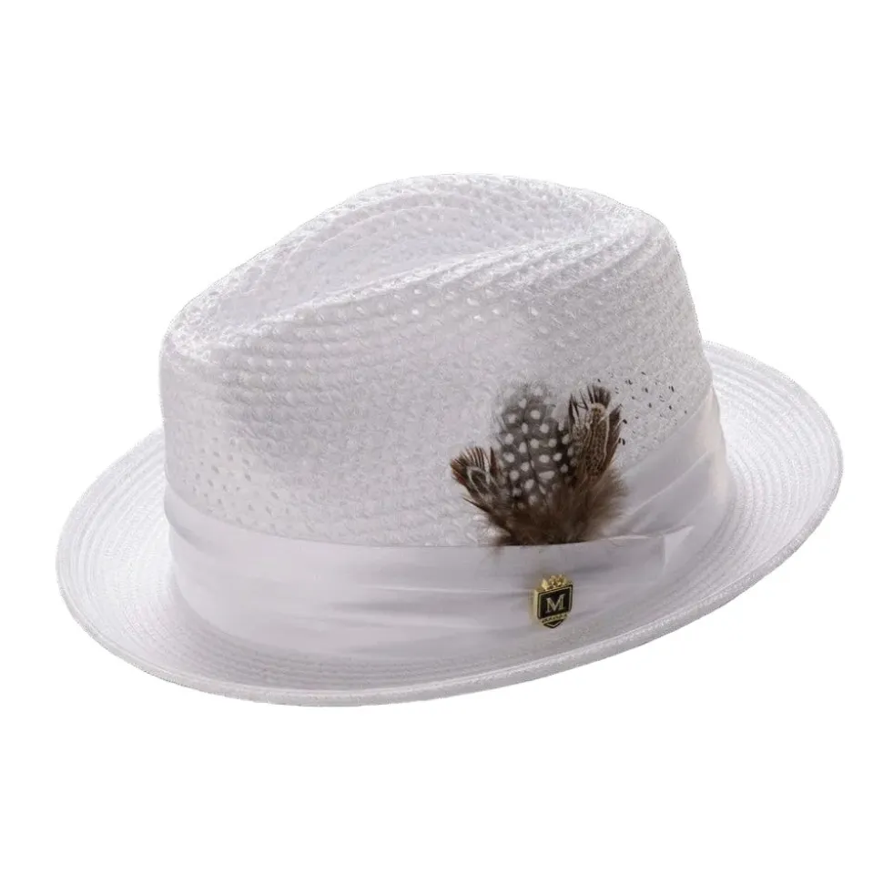 White Solid Color Pinch Braided Fedora With Matching Satin Ribbon