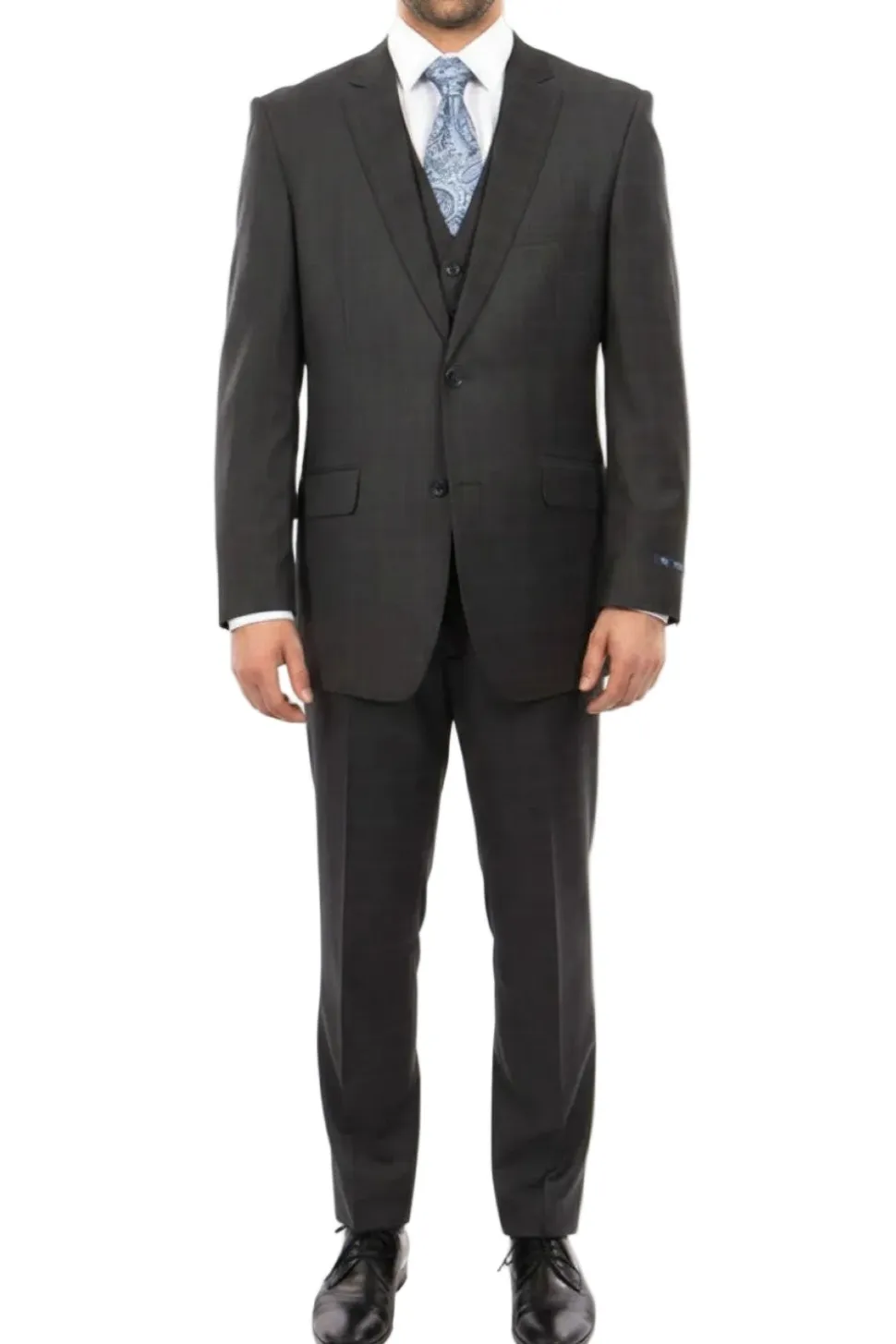 Wool Suit Modern Fit Windowpane 3 Piece in Dark Gray