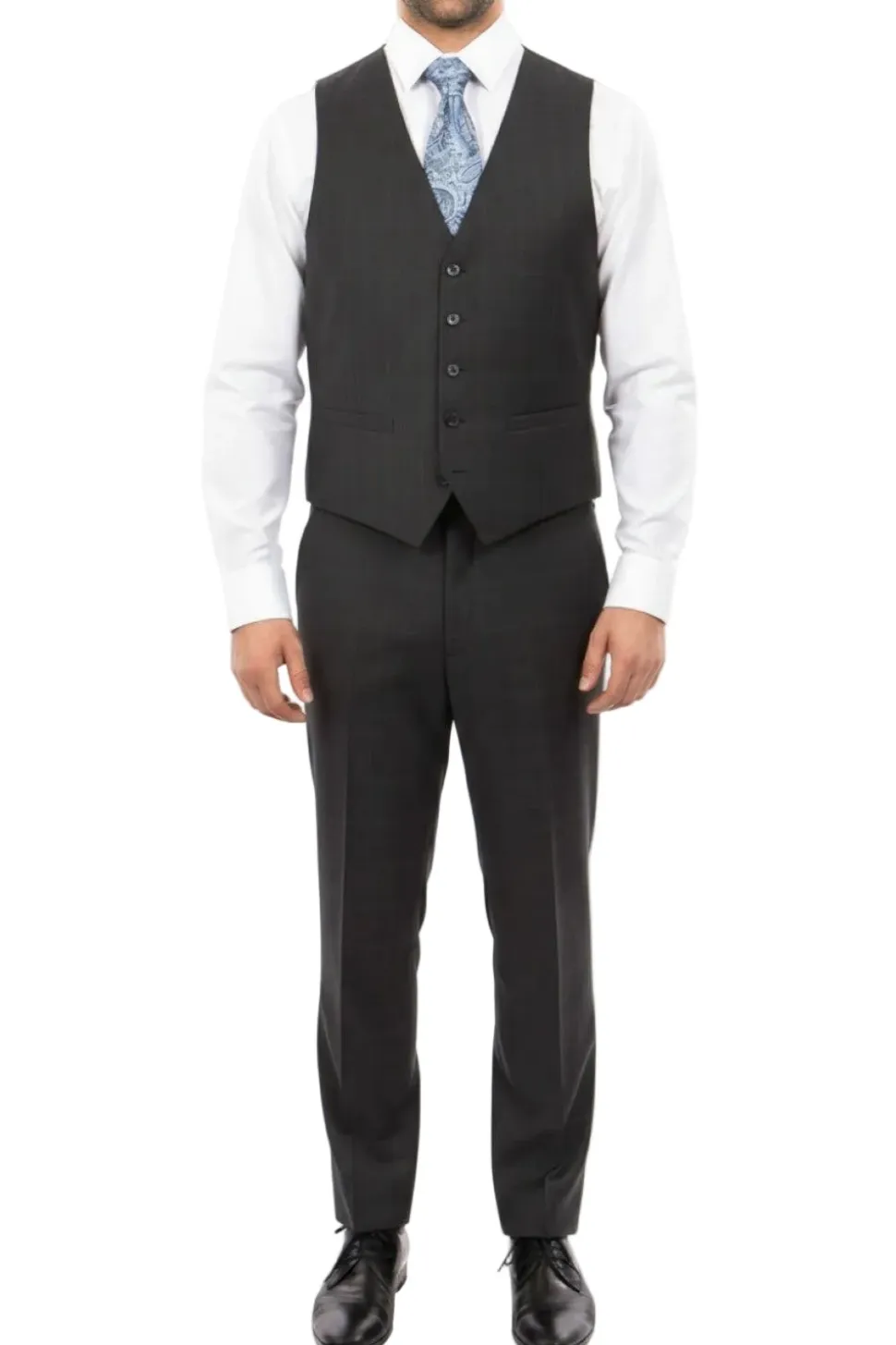 Wool Suit Modern Fit Windowpane 3 Piece in Dark Gray